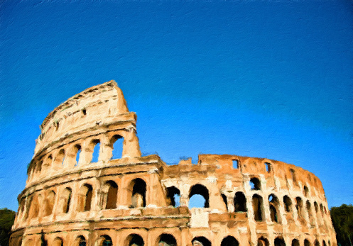 Rome, Italy - Colosseum on blue sky - Creative illustration, vintage impressionistic design
