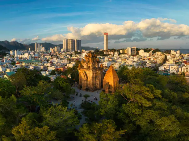 Drone view of Ponagar tower in sunset, Nha Trang, Khanh Hoa province, Central Vietnam