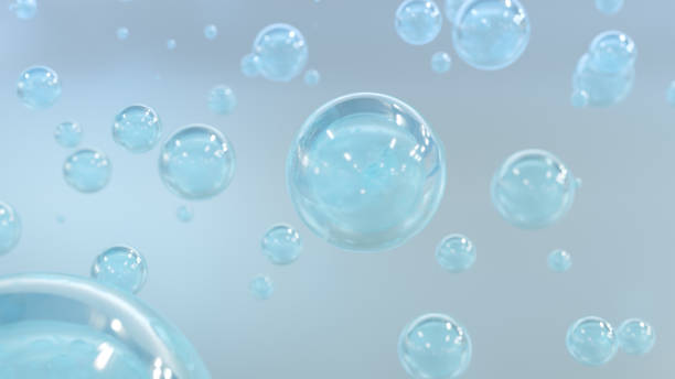 3D cosmetic rendering Blue Bubbles of serum on a blurry background stock photo