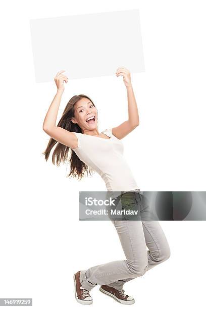 Cartel En Blanco Signo De Mujer Excitación Foto de stock y más banco de imágenes de Agarrar - Agarrar, Entusiasmo, Pizarra blanca