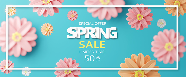 3d Rendering. Spring sale banner with beautiful colorful flower. Can be used for template, banners, wallpaper, flyers, invitation, posters, brochure, voucher discount.