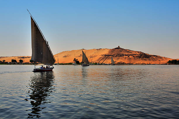 Felucca boats sailing across a lake in the late afternoon Felucca boats sailing in Nile River, Egypt (HDR Photo) felucca boat stock pictures, royalty-free photos & images