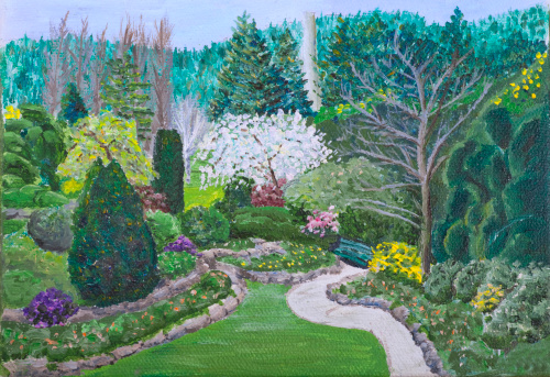 A small painting of an early spring scene in the Butchart Gardens, Victoria, British Colombia, Canada. An Impressionistic approach in this oil painting where the brush strokes are clearly visible.