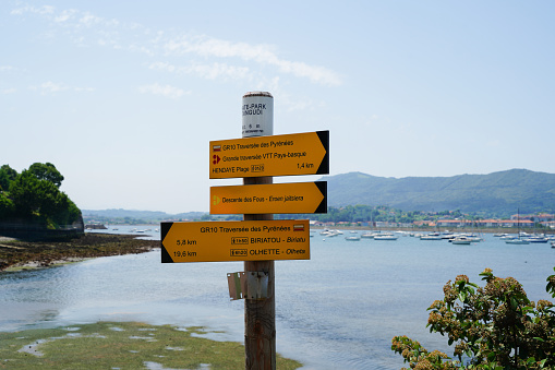 Direction sign for the GR10 hike which crosses the Pyrenees, starting from Hendaye