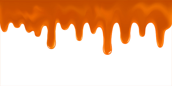 Realistic dripping caramel drops of sweet sauce. Seamless 3D toffee flows melted horizontal splash. Orange paint stains drawn. Vector illustration isolated on white background