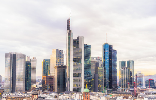 Frankfurt's central skyline dominated by the modern skyscrapers of financial companies.