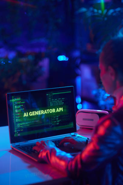 istock Seen from behind modern woman working on new ai program 1469198150