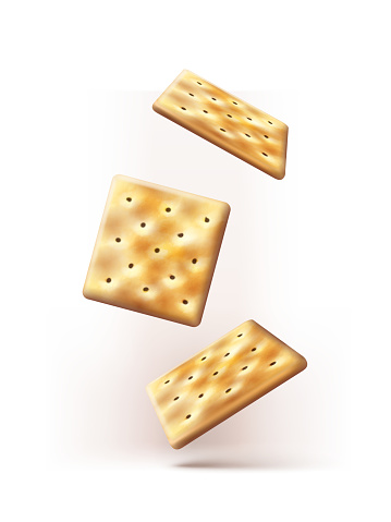 3d relistic vector, Falling chrispy salty crackers. Isolated.