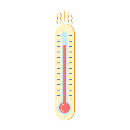 Cartoon Color Thermometer Hot Temperature Sign Concept Flat Design Style Isolated on a White Background. Vector illustration