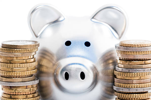 istock Piggy bank and coin stacks 146919919