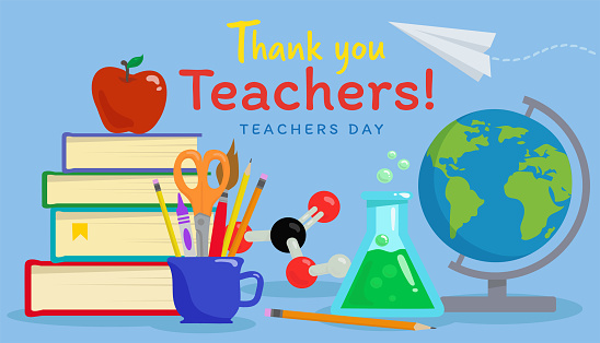 Teacher's Day, Teacher's Week, Thank you Teachers, globe, books, cup of pencils, beaker, paper airplane, school, kindergarten