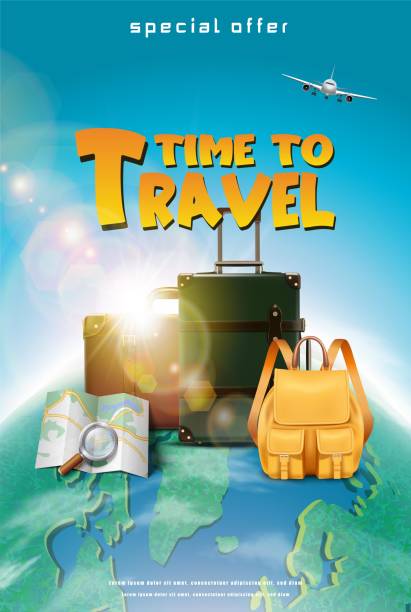 istock realistic travel concept banner or poster with tourist elements, luggage, map, plane with a globe. 1469200775