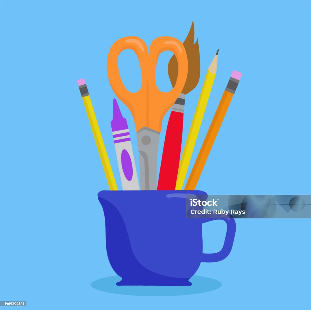 Cup Of Pencils Scissors Crayon Paintbrush Teachers Desk Vector Illustration  Stock Illustration - Download Image Now - iStock