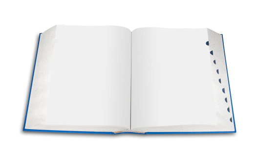 open thick blank book on white, isolated with shadow and clipping path