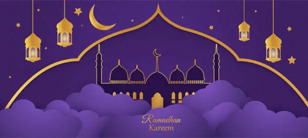 Vector illustration of Islamic mosque with moon, stars, lanterns and clouds at night. Ramadan kareem greeting banner template vector