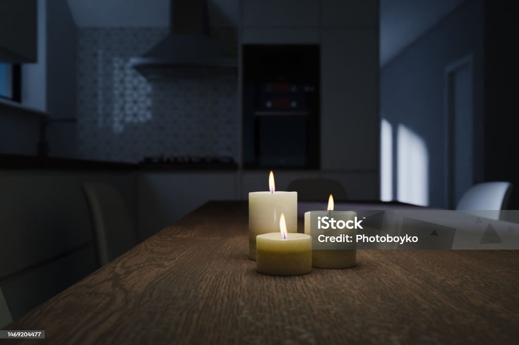 Generic kitchen interior at night with moon light and burning candles in 3d rendering. Digital illustration of contemporary dining room at home, mock up with copy space Blackout Stock Photo