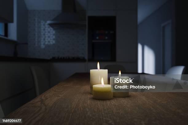 Generic Kitchen Interior At Night With Moon Light And Burning Candles In 3d Rendering Digital Illustration Of Contemporary Dining Room At Home Mock Up With Copy Space Stock Photo - Download Image Now