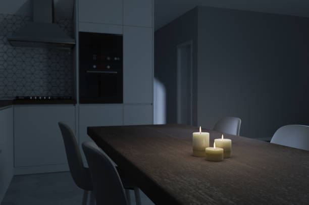 istock Generic kitchen interior at night with moon light and burning candles in 3d rendering. Digital illustration of contemporary dining room at home, mock up with copy space 1469204478