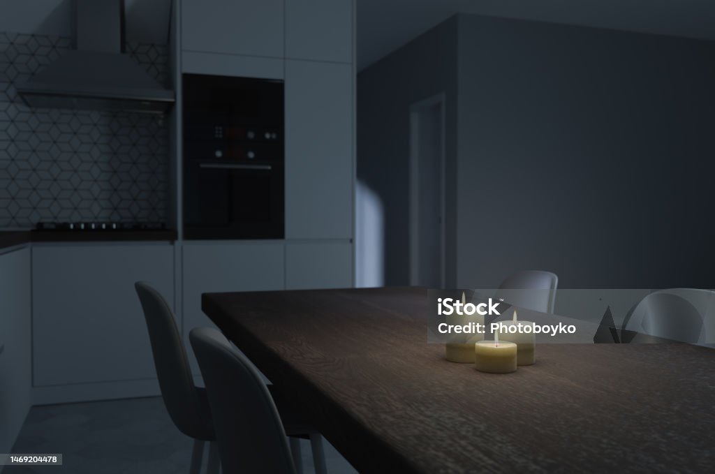 Kitchen At Night Generic Kitchen Interior At Night With Moon Light And Burning Candles ...