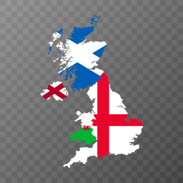 illustrations, cliparts, dessins animés et icônes de carte de la région du royaume-uni avec drapeaux. illustration vectorielle. - uk map regions england