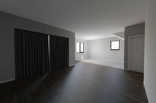 istock Empty living room and kitchen area without furniture, 3d rendering. Generic interior copy space, real estate digital illustration 1469204617