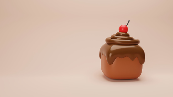 Mini cake with chocolate topping and cherry. Chocolate Cake, Pastry shop, confectionery. Sweet dessert. Cake, cupcake. 3d rendering.