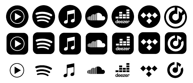 Apple Music, Spotify, YouTube Music, SoundCloud, Deezer, Tidal- a set of logos for popular music streaming services. Vector logos on a isolated background for your design