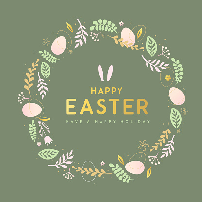 Happy Easter eggs with floral decorative elements and rabbit ears. Flat style. Modern Easter background. Greeting card or poster. Vector illustration