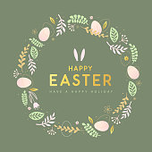 istock Happy Easter eggs with floral decorative elements and rabbit ears. Flat style. Modern Easter background. Greeting card or poster. Vector illustration 1469208473