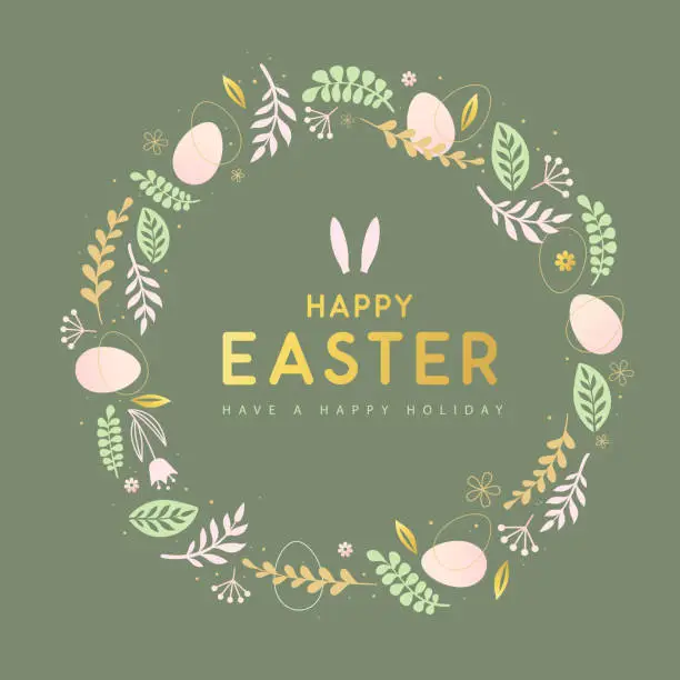 Vector illustration of Happy Easter eggs with floral decorative elements and rabbit ears. Flat style. Modern Easter background. Greeting card or poster. Vector illustration