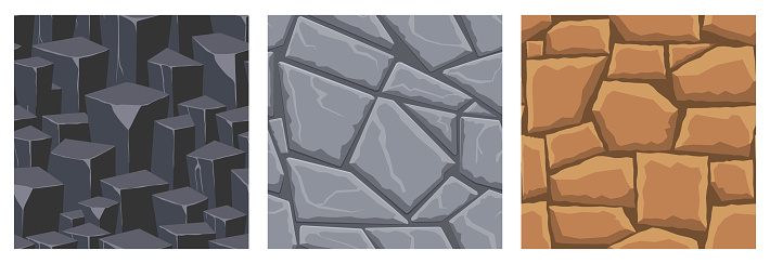 Cartoon game textures, rocks, dirt and ground surface seamless patterns. Game assets walls and environment backgrounds.