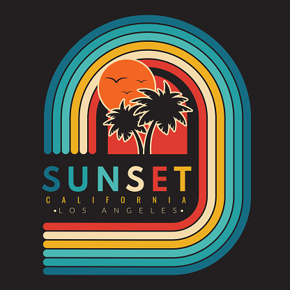 Retro vintage California sunset logo badges on black background graphics for t-shirts and other print production. 70s-style concept. Vector illustration for design.
