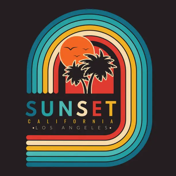 Vector illustration of Retro vintage California sunset logo badges on black background graphics for t-shirts and other print production. 70s-style concept. Vector illustration for design.
