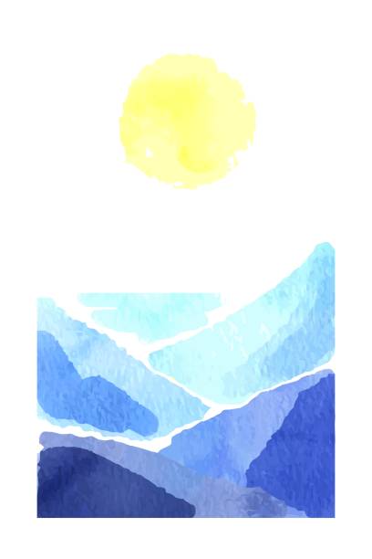 istock Watercolor landscape, blue mountain view and sun 1469213201