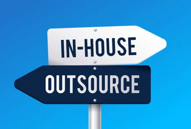 Vector illustration of In-house versus Outsource Work Decision Signs