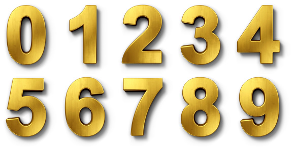 3d rendering of the numbers 0-9 in gold metal on a white isolated background.