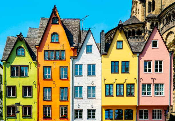 colorful old buildings in cologne, germany - renânia imagens e fotografias de stock