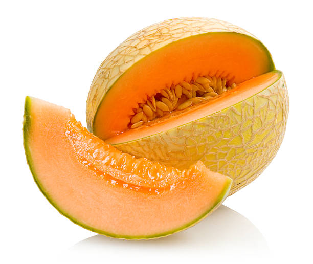 istock Cantaloupe with a slice cut out of it on a white background 146921744