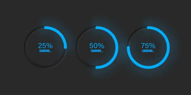 Vector illustration of Loading bar circular neumorphic indicator. Blue light downloading process in modern neumorphsim style.