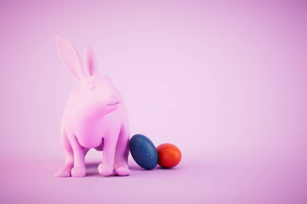 istock the concept of Easter. Easter bunny and colorful Easter eggs on a pastel background. 3D render 1469219568
