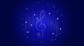 Musical background with clef glow, shiny, twinkling stars.