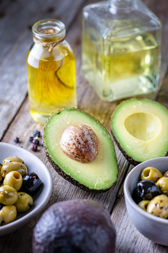 Avocado, olives and oil