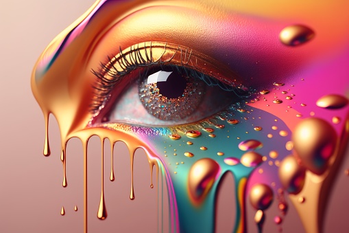 Woman Eye In Brilliant Multicolored Colors. Paint Seems To Flow From Eye. 3D Illustration.