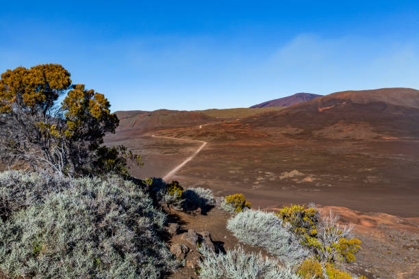 la plain de sables desert road to piton de la fournaise volcano on la reunion island, mascarene islands, french overseas territory, french africa.