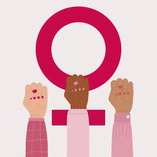 Vector illustration of Feminism symbol poster. Diverse female raised fists with a Venus symbol. Girl power, fight for equality, feminism, sisterhood concept. Hand drawn vector illustration.