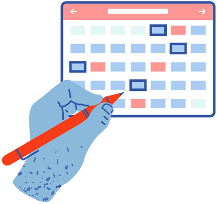 Business person planning schedule, marking dates in calendar. Time management, tasks scheduling, work with reminder. Save time and money concept. Employee works to create weekly plan or timetable