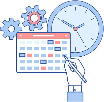 Person planning schedule, agenda planner. Time management, tasks scheduling, calendar, reminder and timetable. Save time and money concept. Employee works to create weekly plan and deal with deadline
