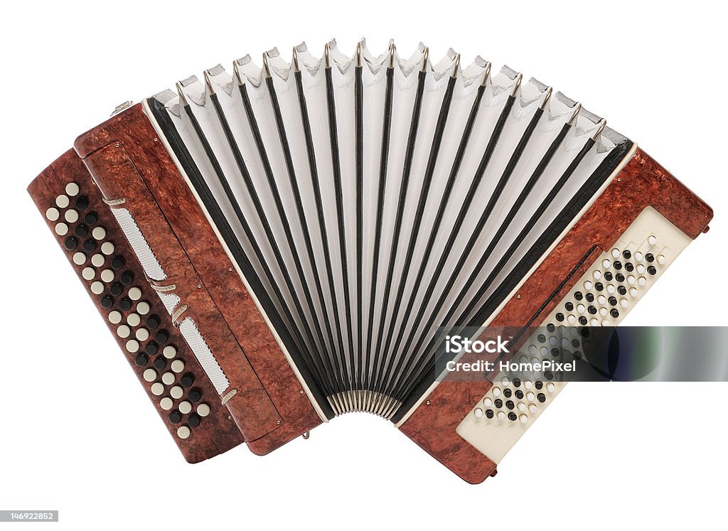 Brown bayan (accordion) isolated on white background Accordion - Instrument Stock Photo