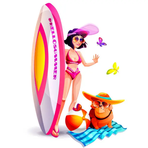 Vector illustration of Beach holiday concept in cartoon style. Young beautiful tourist woman in a swimsuit with a surfboard and a beach bulldog on an isolated white background.