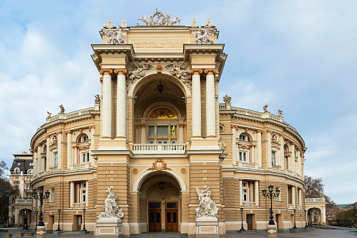 Odessa, Ukraine - Feb 6, 2023:  Odessa Opera and Ballet theater architectural view.